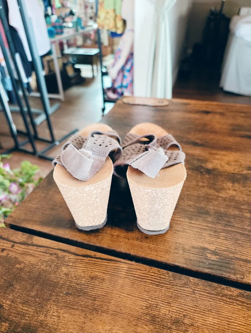Mila Paoli Italy Gray Suede Leather Cork Wedge Sandals 8.5 Boho Cutout